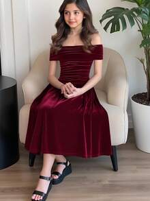 SHEIN Abito lungo in velluto bordeaux elegante e retrò per ragazze pre-adolescenti, adatto per il ritorno a scuola, feste di compleanno, ballo di fine anno, con una spalla, plissettato, adatto per Ognissanti, Natale, Capodanno, uso domestico, all'aperto, feste, raduni e altre occasioni - Bordò - Visualizzare 6