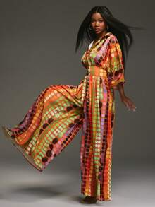 NYA SZN 连体裤长袖宽松超大阔腿褶皱纽扣腰部束领 V 领特殊场合活动早午餐约会生日伊比沙岛浪漫假日万圣节秋冬女士服装 - 彩色 - 查看 5