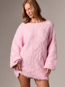 AiiRZ Váy len dài tay trễ vai mềm mại ấm áp mùa đông - Màu tím hoa cà - Xem 5