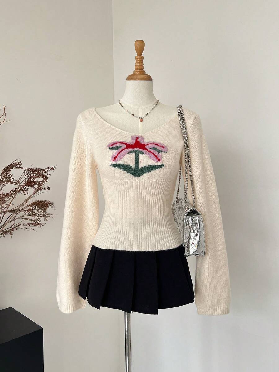 Celisse 女式甜美椰子树刺绣腰部收紧圆领宽松女孩修身针织上衣，秋冬 - 杏色 - 查看 1