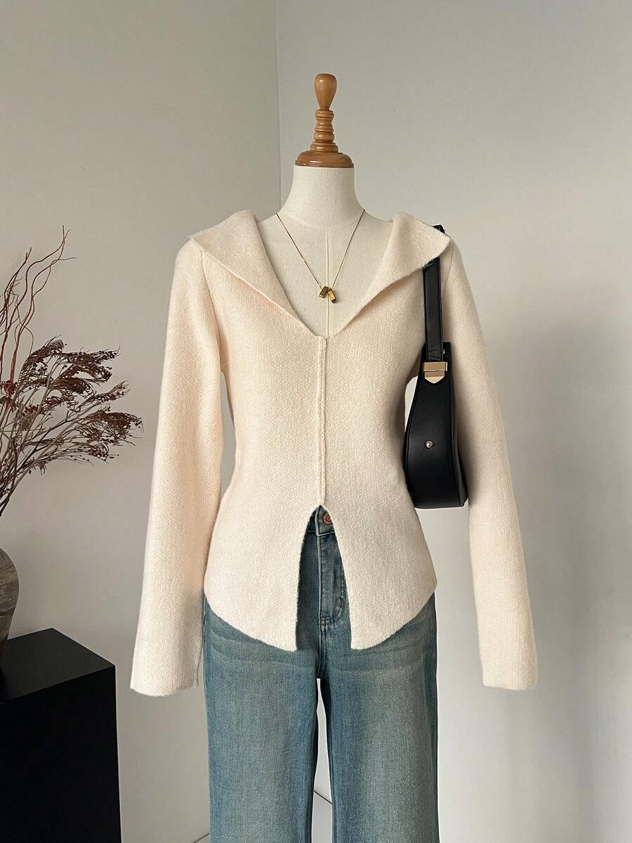 Celisse Women's Sexy V-Neck Design Slit High Stretch Fitted Knit Top, Autumn/Winter - Apricot - View 1