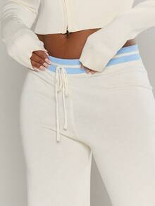 MUSERA Low Rise Contrast Drawstring Waistband Wide Leg Lightweight Knit Trousers Only Spring Summer Vacation Elegant Beach Cute Airport The Beach House Airport Holiday Fall Back To School Autumn Winter Everyday    Chic Sweater - Cream - View 2