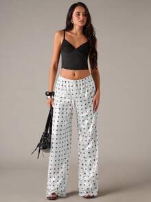 SHEIN BAE Quần ống rộng chấm bi thắt eo thời trang cho nữ - Đen và trắng - Xem 5