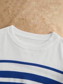 Manfinity NXTstreet 男士休闲拼色条纹圆领毛衣，秋冬 - 藍色 - 查看 4