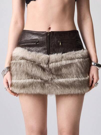 Grunge Punk Y2K Vintage Ultra Low Waist Faux Fur Patchwork Distressed PU Mini Skirt For Women