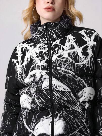 Grunge Punk Manteau matelassé à imprimé tout-sur-tout de crâne gothique, pentagramme, toile d'araignée pour femmes