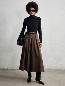 Lumivelle Women's Fashion Pleated Leather Belt Decor Skirt - Brown - View 7