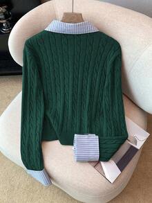 Franclia 时尚博主风二合一拼布针织短款开衫，欧美风 - 墨綠色 - 查看 2