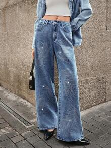 Selenza Quần jeans nữ dáng rộng thanh lịch đính lông vũ và đá giả, hàng mới về - Rửa trung bình - Xem 8