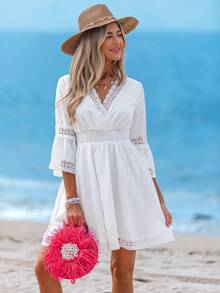 Sylviya 休闲女式蕾丝拼接喇叭袖白色度假短款迷你连衣裙 白色夏季连衣裙 全白女装 白色毕业礼服 女装 夏季音乐会服装 女士锐舞服装 节日白色连衣裙 优雅毕业礼服 女士夏季连衣裙 女士夏季服装 女士太阳裙 - 白色 - 查看 4