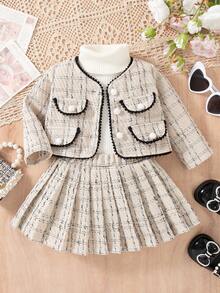 SHEIN 2 件套女婴秋冬时尚服装，韩式开衫夹克，带丝带口袋装饰和百褶裙，优雅公主裙，适合派对、生日 - 杏色 - 查看 1