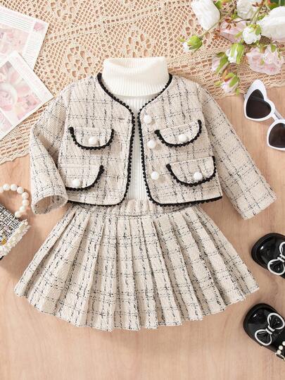SHEIN 2 件套女婴秋冬时尚服装，韩式开衫夹克，带丝带口袋装饰和百褶裙，优雅公主裙，适合派对、生日