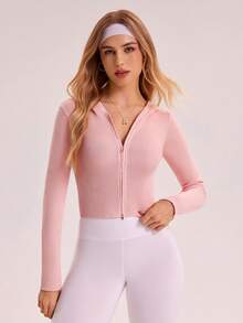 SHEIN Sovereign Charm 女式纯色前拉链短款修身长袖连帽针织开衫 - 淺粉色 - 查看 4