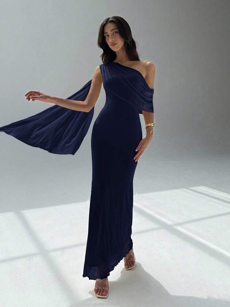 Aloruh Women's Solid Color Asymmetric-Shoulder Dress,Dresses For Women Elegant,New Year Dress ,Elegant Party Dresses,Dresses For Women Elegant,Navy Blue Dress,Bodycon Dress - Navy Blue - View 4