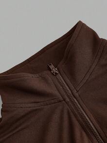 SHEIN EZwear 2 件棕色和卡其色针织拉链长袖 T 恤女士款，适合春秋季 - 彩色 - 查看 7