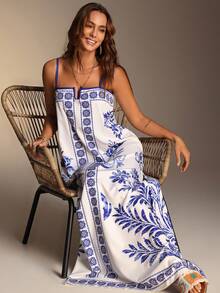 Swim Vcay 夏季宽松花卉和中国风印花长裙、沙滩罩衫 - 藍白色 - 查看 5