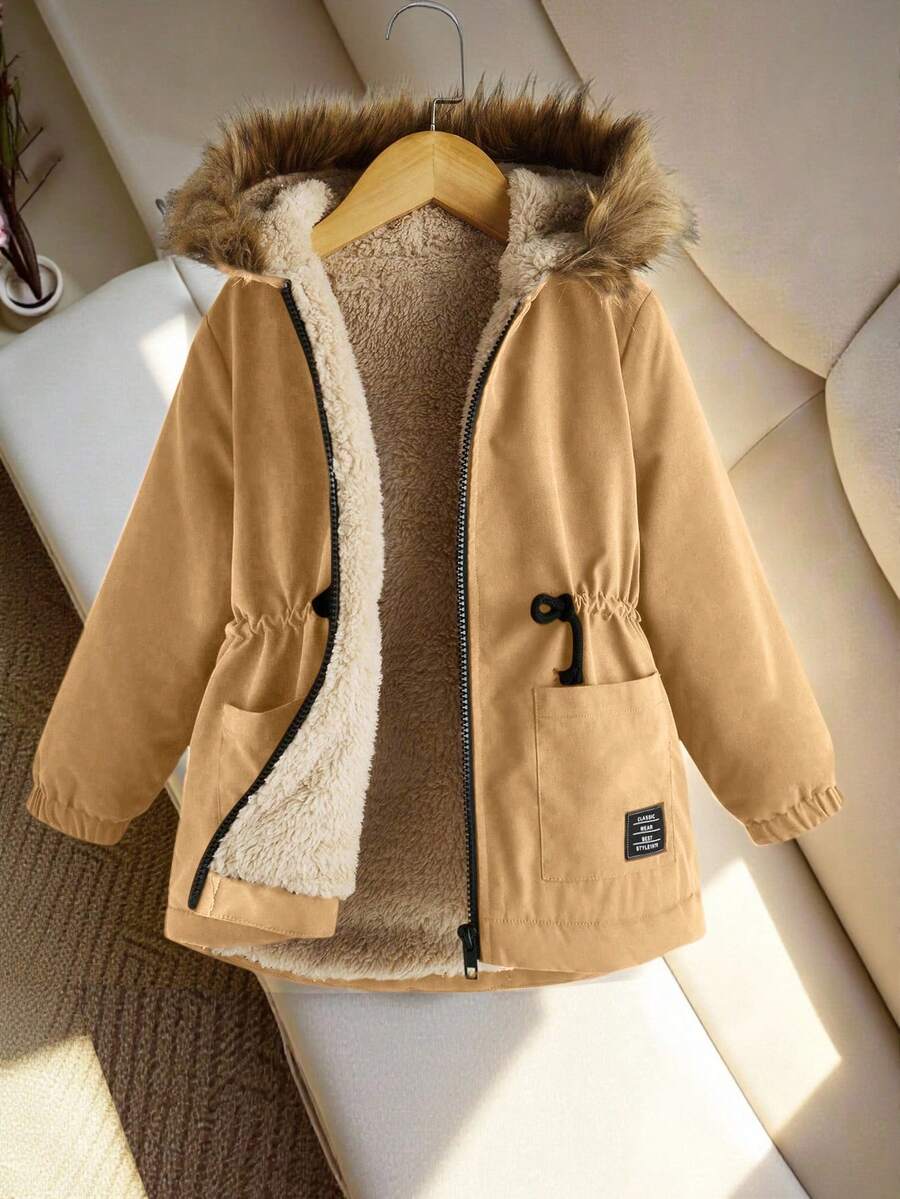SHEIN 少女休闲宽松保暖带内衬人造毛皮饰边连帽派克大衣 - 駝色 - 查看 1