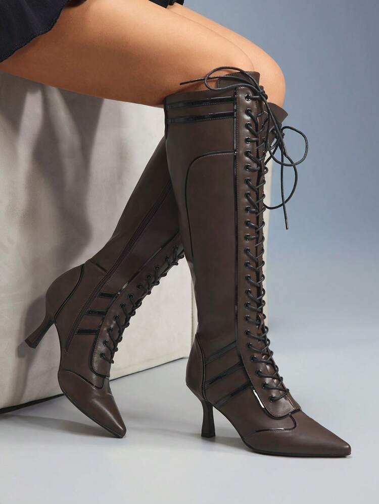 CUCCOO GRLICON Women's Pointed Toe Lace-Up Black & White Color Block Knee-High Boots, Fashion For Christmas, New Year Party, Date Night, Spring Casual, Halloween, Racing Style