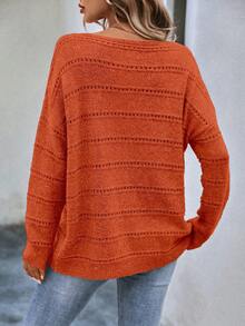EMERY ROSE Women's Solid Color Boat Neck Dropped Shoulder Long Sleeve Hollow Knit Pullover Sweater, Autumn/Winter - Red - View 2