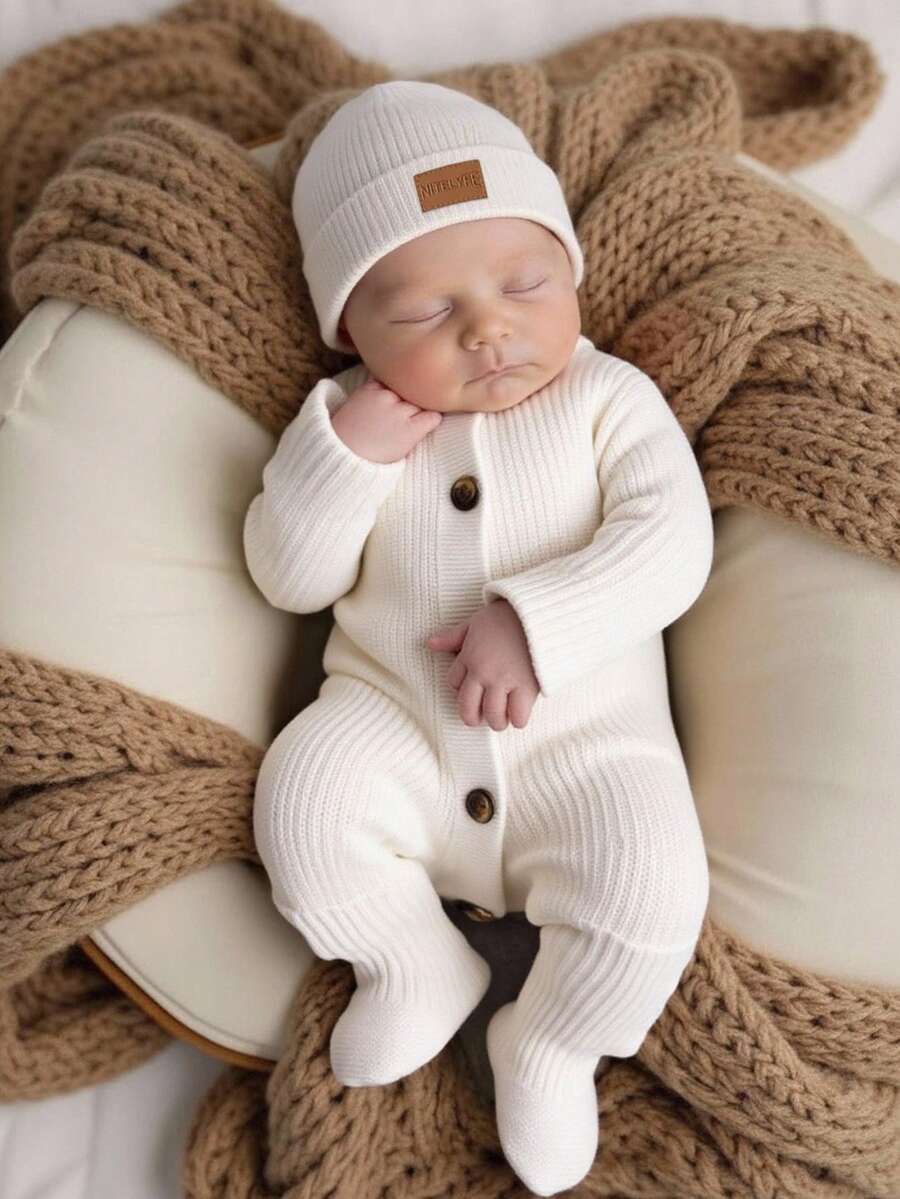 SHEIN Newborn Baby Girl Cute Knitted Jumpsuit, Footie & Hat Set, Versatile For Autumn/Winter Neutral Newborn Outfit Newborn Knit Romper Newborn Neutral Baby Clothes Newborn Sweater Outfit Newborn Knit Outfit - Apricot - View 1