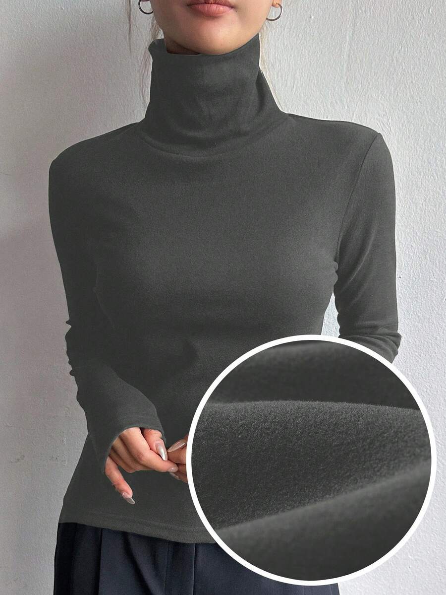 FRIFUL 女士休闲纯色高领抓绒T恤，秋冬长袖女款 - 深灰色 - 查看 1