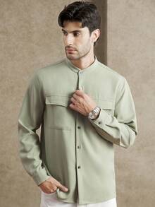 Core Aspect Herren Grünes Cargo Taschen Einreiher Lässig Langarm Hemd - Grün - Übersicht 3