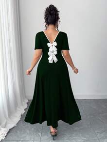Elenzga Đầm đi làm thời trang mùa hè phong cách Pháp cổ điển thanh lịch trang trí nơ sau lưng cỡ lớn - Màu xanh lá cây đậm - Xem 4