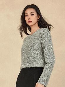 Dazy-Less 优雅亮片点缀商务休闲百搭圆领针织毛衣，适合女士穿着，秋季、冬季、新年、圣诞节嘉年华等场合。 - 灰色 - 查看 3