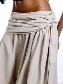 SHEIN EZwear 2025新款极简主义秋冬联名系列女装纯色腰部褶裥阔腿宽松裤、阔腿裤、裹身裙裤 - 杏色 - 查看 7