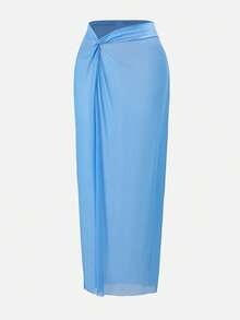 Swim Oasis Conjunto de dos piezas de traje de baño elegante azul con decoración de mariposa metálica de 3 niveles, nudo retorcido, falda azul y azul bebé. Conjunto de playa para mujer de moda azul bebé - Azul - Ver 4