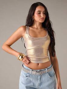 SHEIN BAE 女士秋冬金色Y2K金属质感修身露脐上衣，适合夜店、夜间派对、圣诞节、新年等场合穿着，金色闪亮上衣 - 金色 - 查看 4