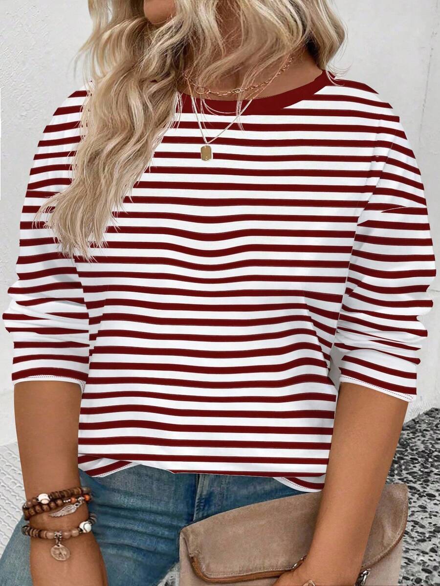 EMERY ROSE New Plus Size Women Fashion Printed Striped Round Neck Long Sleeve Sweater, Winter - Multicolor - View 1