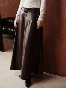 Uhlyne 女士高腰帆布腰带，配圆环扣装饰，喇叭形下摆设计，栗色和桑葚色，长裙，优雅的法式复古简约风格，适合休闲、正式、派对、下午茶、感恩节、圣诞节、秋冬 - 紫紅色 - 查看 6