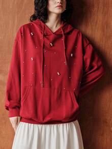 Uhlyne Women's Autumn/Winter Casual Christmas Red Basic Versatile Bubble Bead Design Flattering Christmas Pocket Hooded Drawstring Commuting Business Office Everyday Comfortable Versatile Elegant Urban Teacher Professional Attire Minimalist Office Wear Niche Luxury Elegant Clothing Series With Subtle Designs Outerwear Sweatshirt - 紅色 - 查看 7