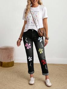 EMERY ROSE Plus Size Women Floral Embroidery Pocket Skinny Casual Jeans - Black - View 7