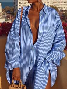 大码女式编织条纹宽松休闲节日连衣裙 - 藍色 - 查看 4