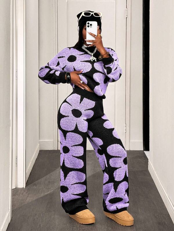 BamGleam Women Floral Pattern Drop Shoulder Long Sleeve Sweater And Wide Leg Pants Casual Suit, Autumn/Winter