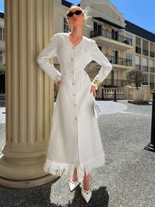 Siren Gaze Women's V-Neck Long Sleeve Single-Breasted Elegant Long Dress White Linen Dress White Modest Dress White Fringe Dress French Style Dress White Western Dress Winter Party Evening Dress - Apricot - View 5