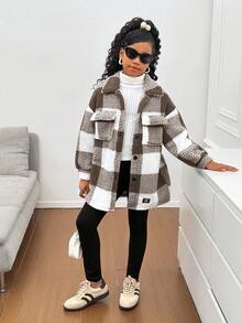 SHEIN Tween Girl Casual Plaid Reversible Fleece Warm Mid-Length Jacket, Long Sleeve Knit Top And Leggings Tween Girl Winter Outfits Girls - Khaki - View 4