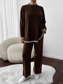 SHEIN Cottnline طقم 2قطع كنزة صوفية الياقة العالية قياس كبير النساء مع بنطلون صوفي - بني - مشاهدة 3