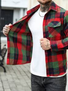 Manfinity Homme Męski płaszcz w kratę w stylu retro, z długim rękawem i guzikami z przodu, flanelowe ubrania na jesień i na święta - Czerwony - Zobacz 6