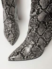MUSERA Snake Print Faux Leather Pointed Toe Heeled Boots For Christmas - Grey - View 4