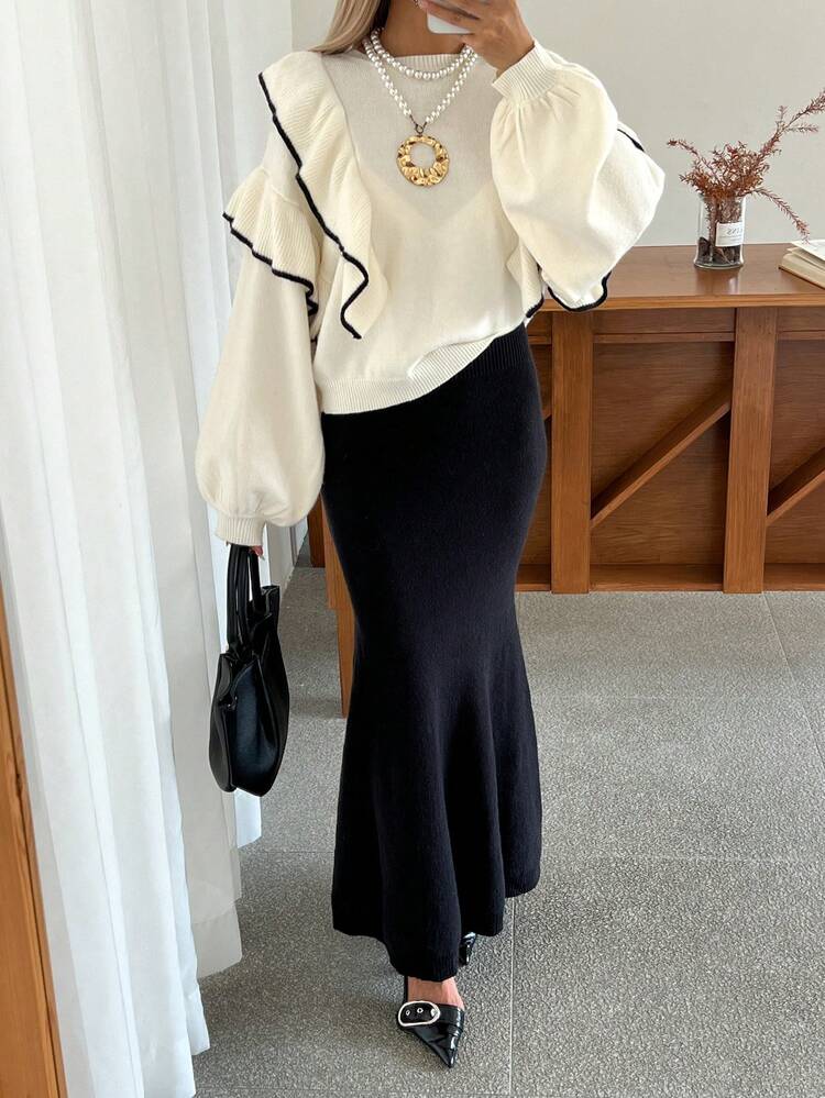 Women's Loose Casual Elegant Knitted Sweater And Skirt 2 Pieces Set, Autumn/Winter