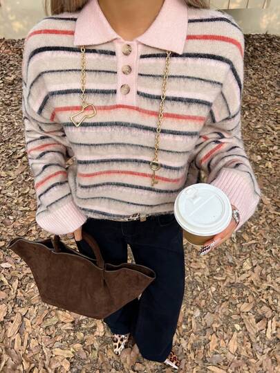 Livesso Women's Casual Striped Polo Collar Drop Shoulder Long Sleeve Sweatshirt, Autumn