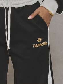 MUSERA 阔腿撞色印花标语运动裤，酷女孩街头风日常秋季学院风1997秋冬休闲装 - 黑與白 - 查看 2