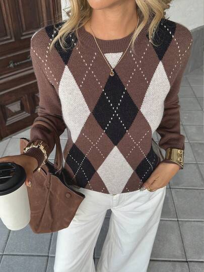 Pariaura Suéter feminino elegante e moderno com estampa de losangos e cores contrastantes de manga comprida, adequado para roupas de outono/inverno