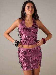 SHEIN BAE Women's Y2K Solid Color Cropped Halter Sequin Tank Top - Burgundy - View 5