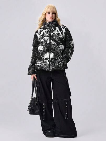 Grunge Punk Manteau matelassé à imprimé tout-sur-tout de crâne gothique, pentagramme, toile d'araignée pour femmes