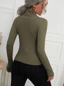SHEIN LUNE 女式高领纯色插肩袖休闲修身套头衫 - 橄欖綠 - 查看 2