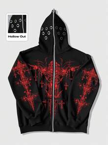 ROMWE MEN Grunge Punk Punk Street Style Hooded Zip-Up Fleece Sweatshirt Jacket, Autumn/Winter - Black - View 3